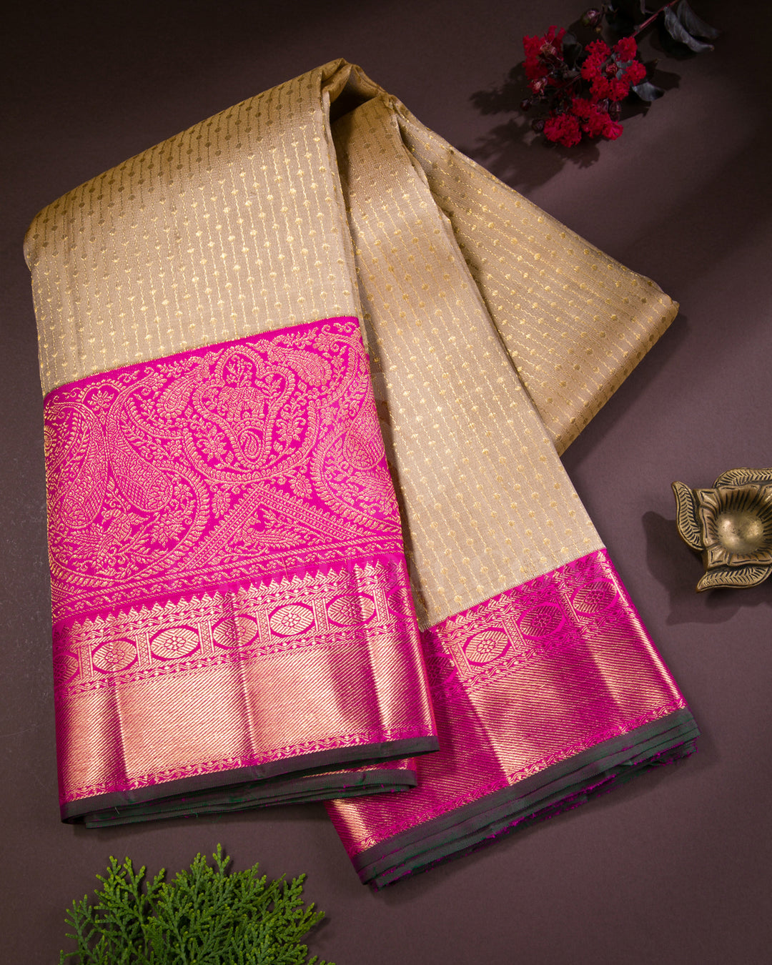 Beige And Rani Pink Kanjivaram Silk Saree S1232 B Pashudh Sarees