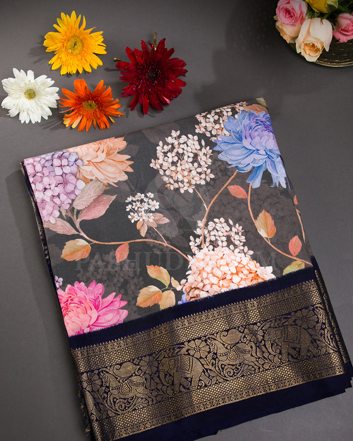 Grey And Dark Blue Handloom Printed Kanjivaram Silk Saree - KP1