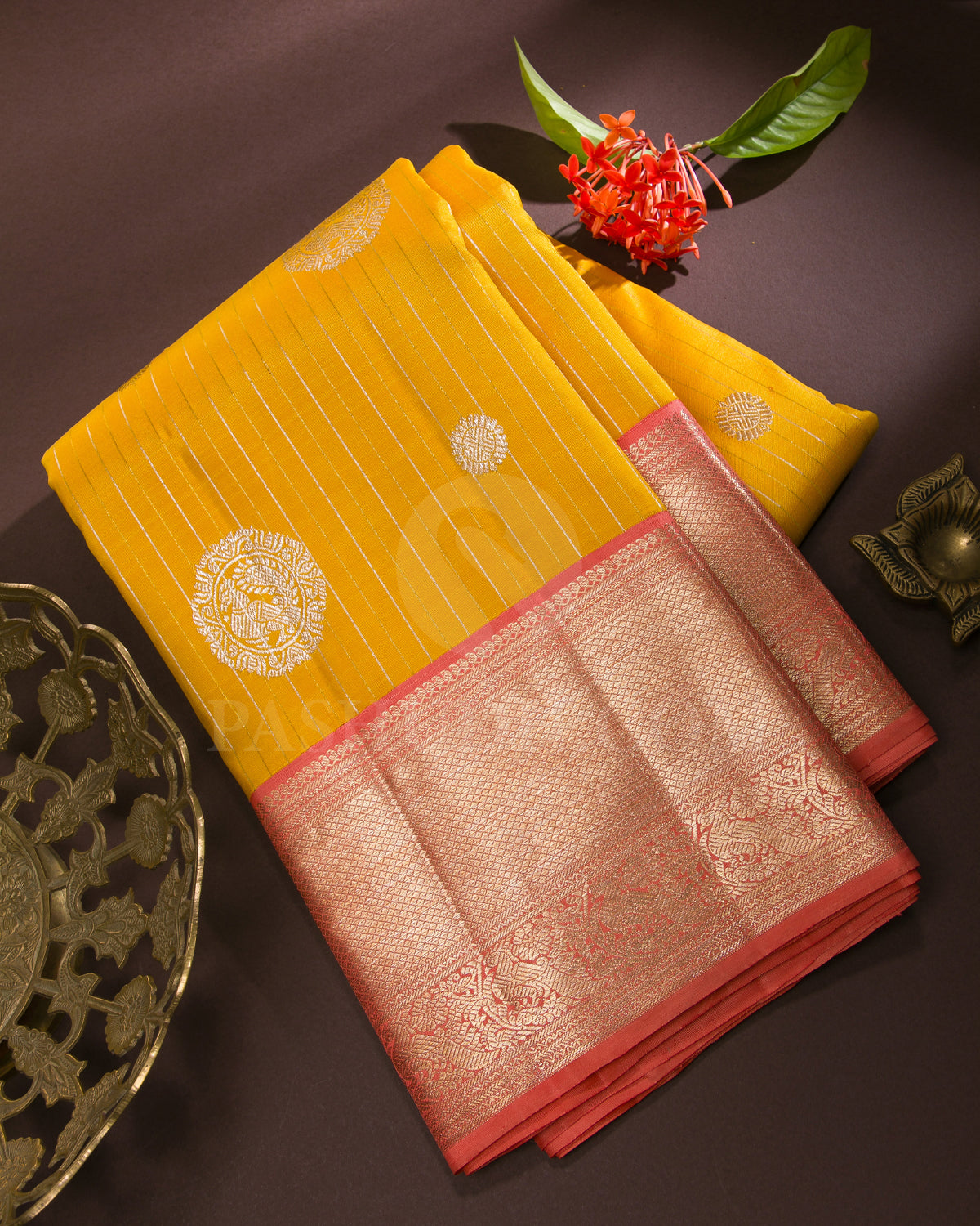 Turmeric Yellow And Peach Traditional Kanjivaram Silk Saree - AK2