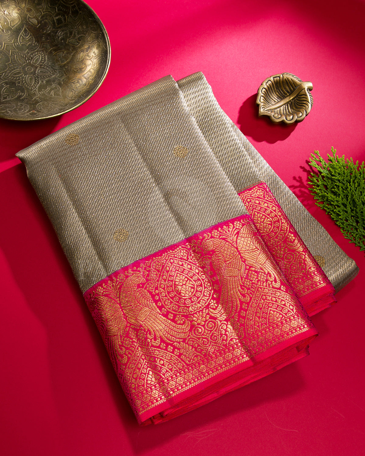 Beige And Bright Rani Pink Kanjivaram Silk Saree - S1207(A)