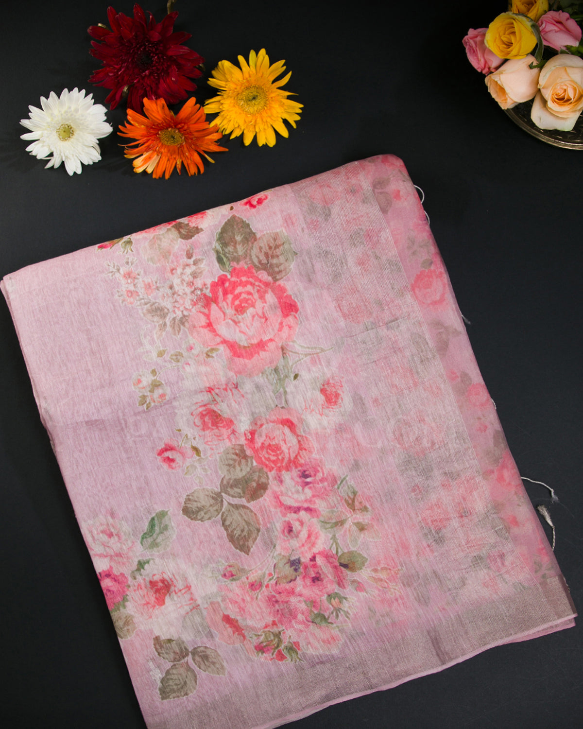 Pink Floral Printed Organza Linen Saree - KP20