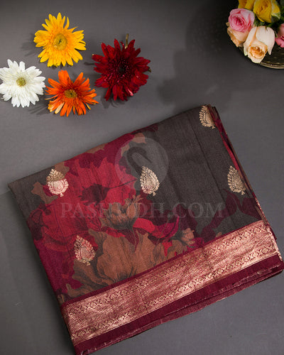 Maroon And Grey Handloom Printed Tussar Saree - KP24