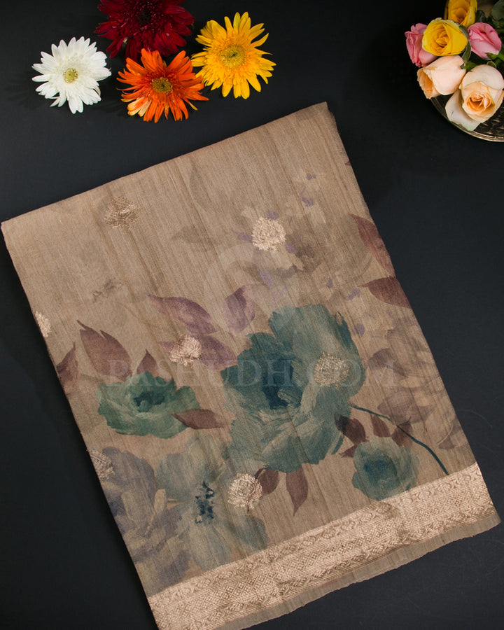 Brown Floral Printed Handloom Tussar Saree  - KP23