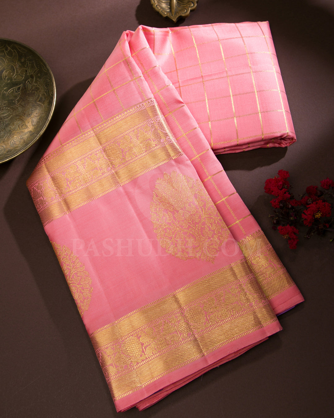 Peachy Pink And Lavender Traditional Kanjivaram Silk Saree - SVJ23