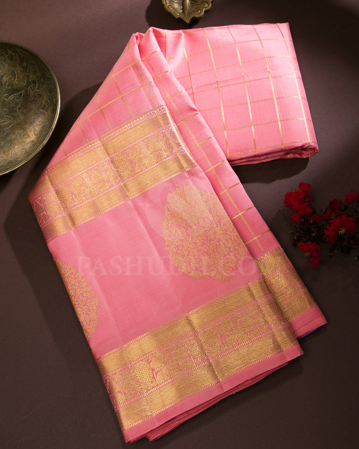 Peachy Pink And Lavender Traditional Kanjivaram Silk Saree - SVJ23