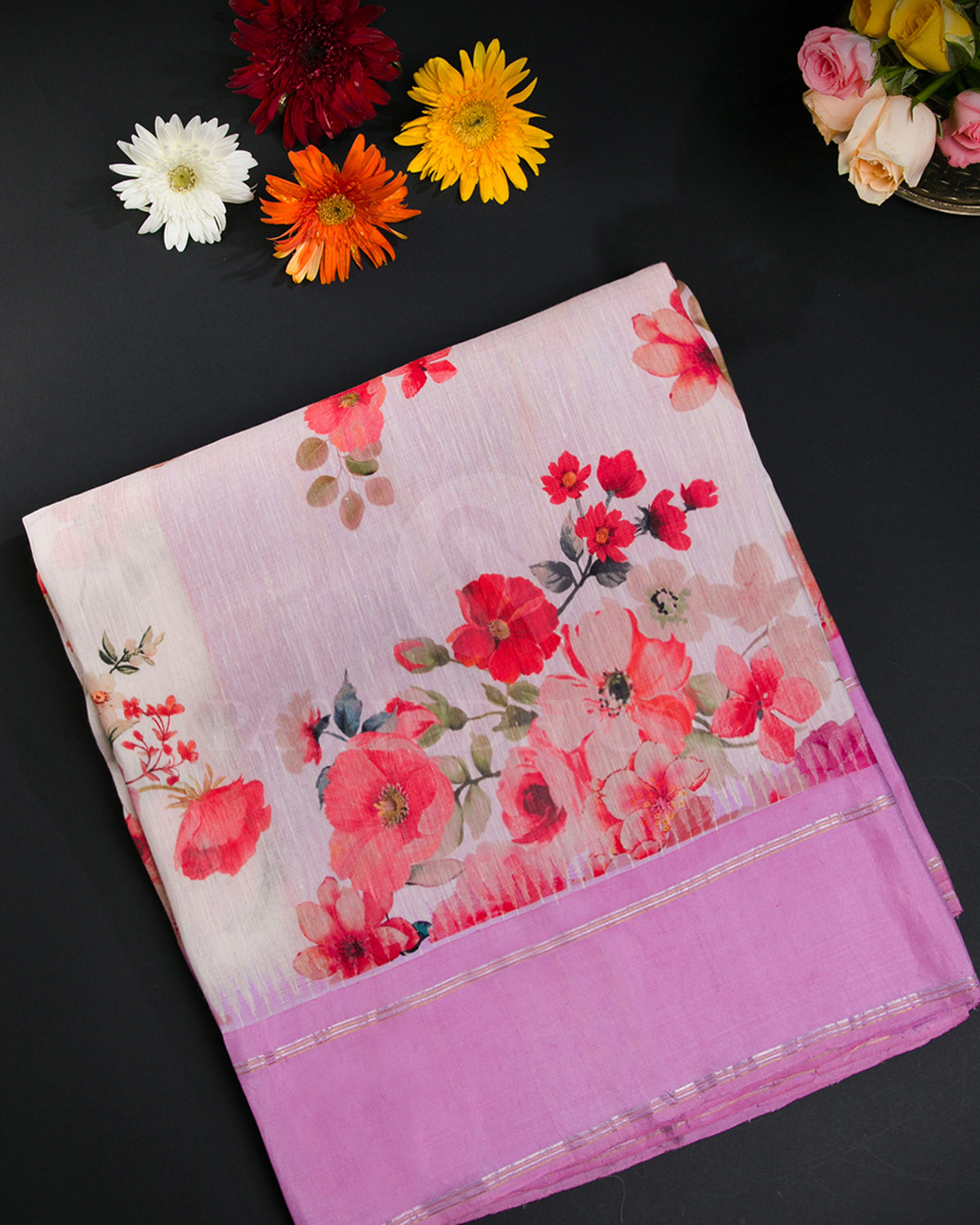 Cream And Pink Printed Korvai Kanjivaram Silk Saree - KP9