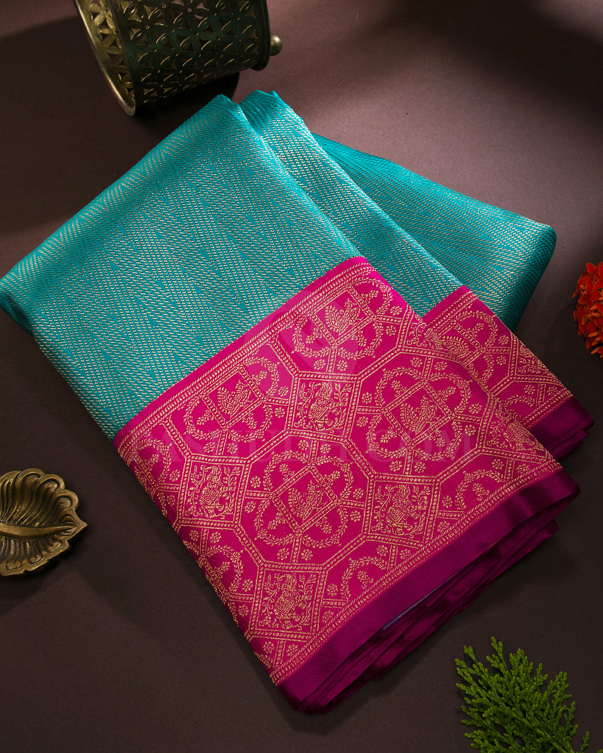 Turquoise Blue And Rani Pink Kanjivaram Silk Saree - S1266(A)