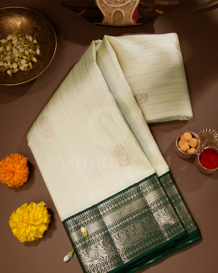 Ivory And Bottle Green Kanjivaram Silk Saree- S981(C)