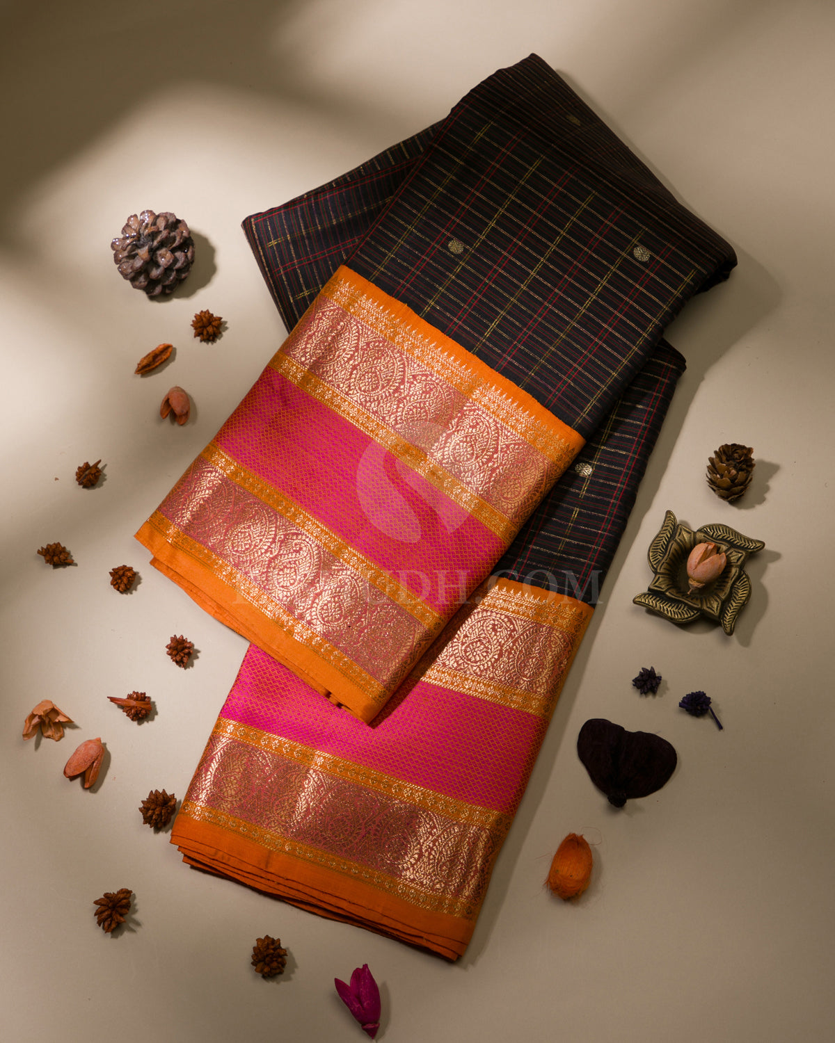 Black, Orange & Pink Kanjivaram Silk Saree - S1090(A)