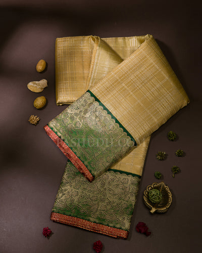 Cream & Bottle Green Kanjivaram Silk Saree - S1128(A)