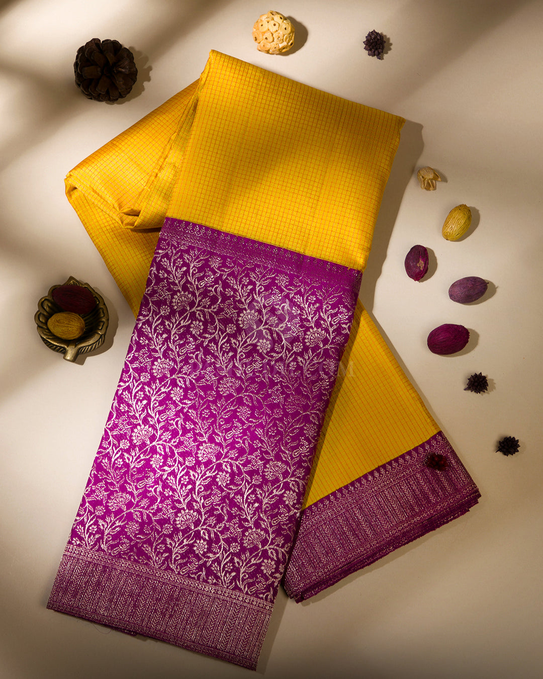 Lemon Yellow & Violet Zari Kanjivaram Silk Saree -  S820 - View 1