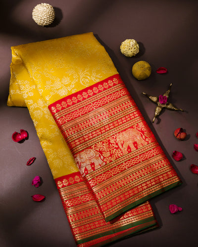 Mustard and Red Kanjivaram Silk Saree - S743 - View 1