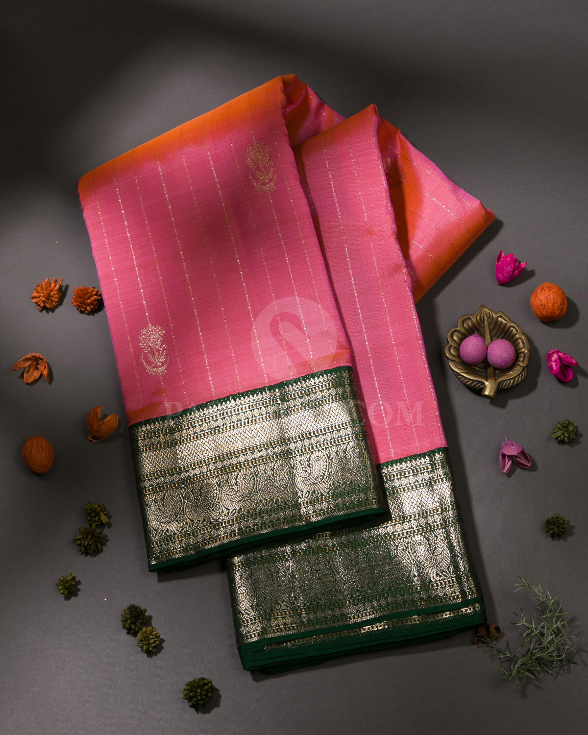 Dual Shaded Pink & Deep Green Border Kanjivaram Silk Saree - S981(A)