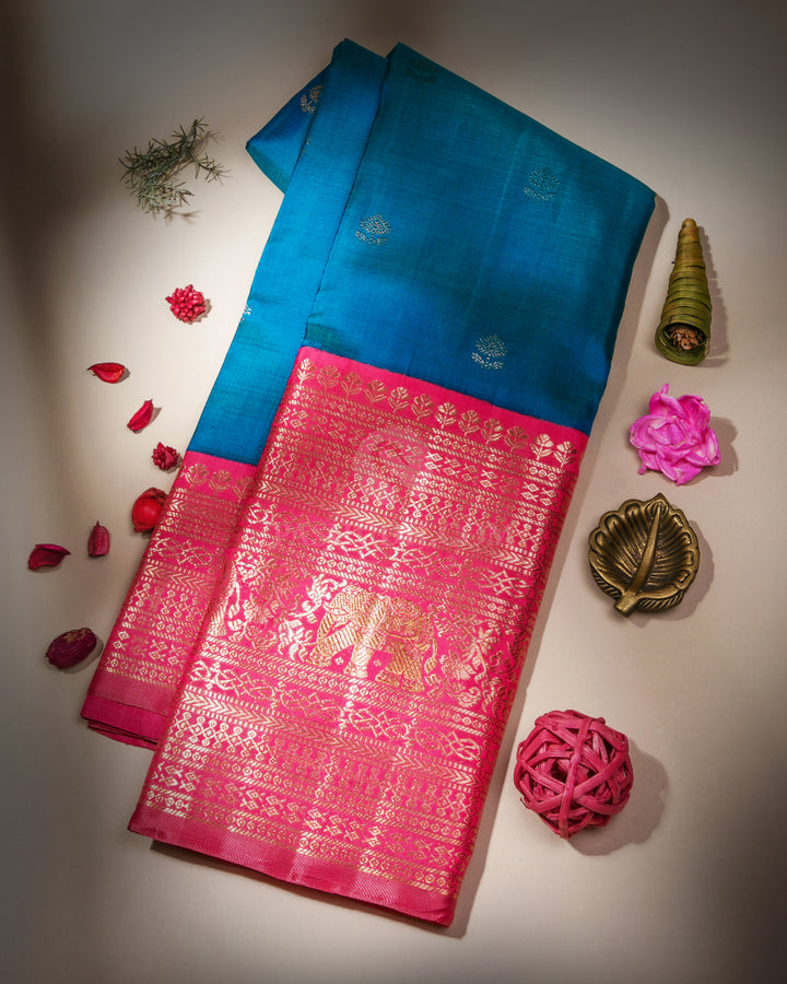 Peacock Blue & Fuchsia Pink Kanjivaram Silk Saree - S858 - View 1