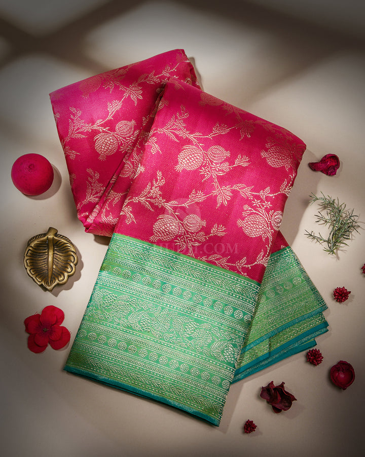 Bright Pink & Pear Green Kanjivaram Silk Saree - S867 - View 1