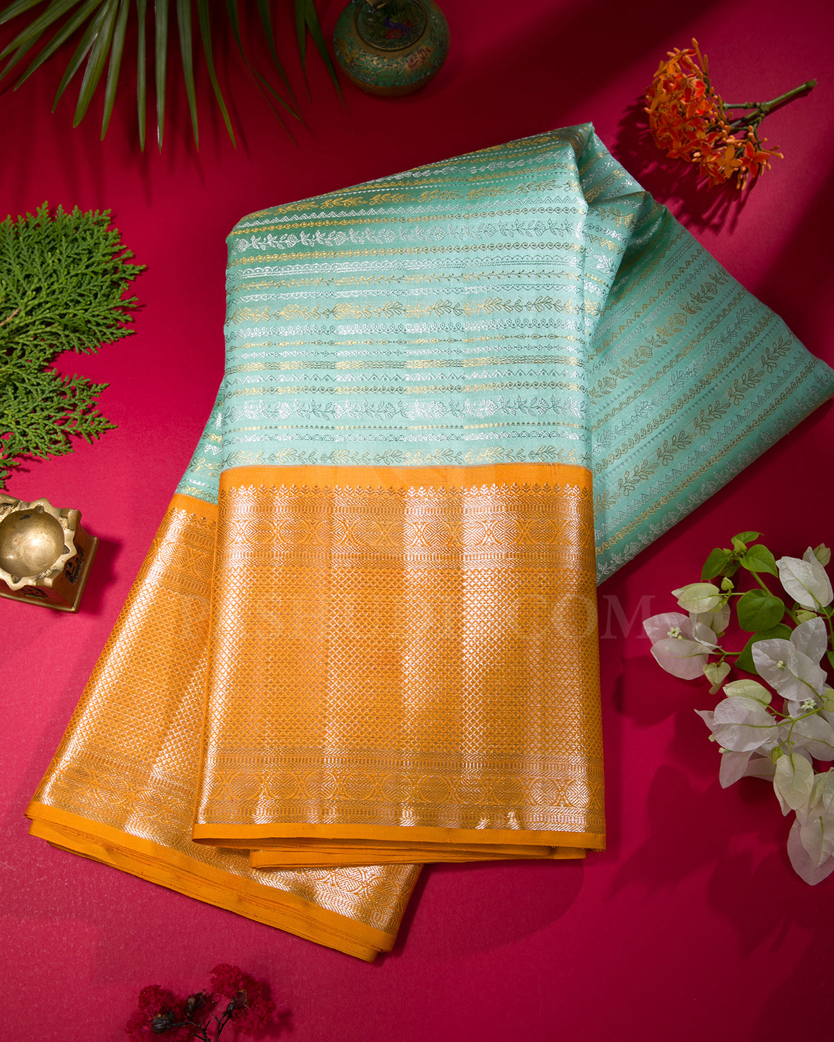 Sea Green And Orange Kanjivaram Silk Saree - S1016(F)