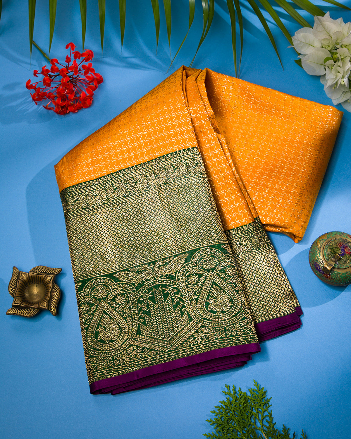 Orange And Forest Green Kanjivaram Silk Saree - S1259(C)