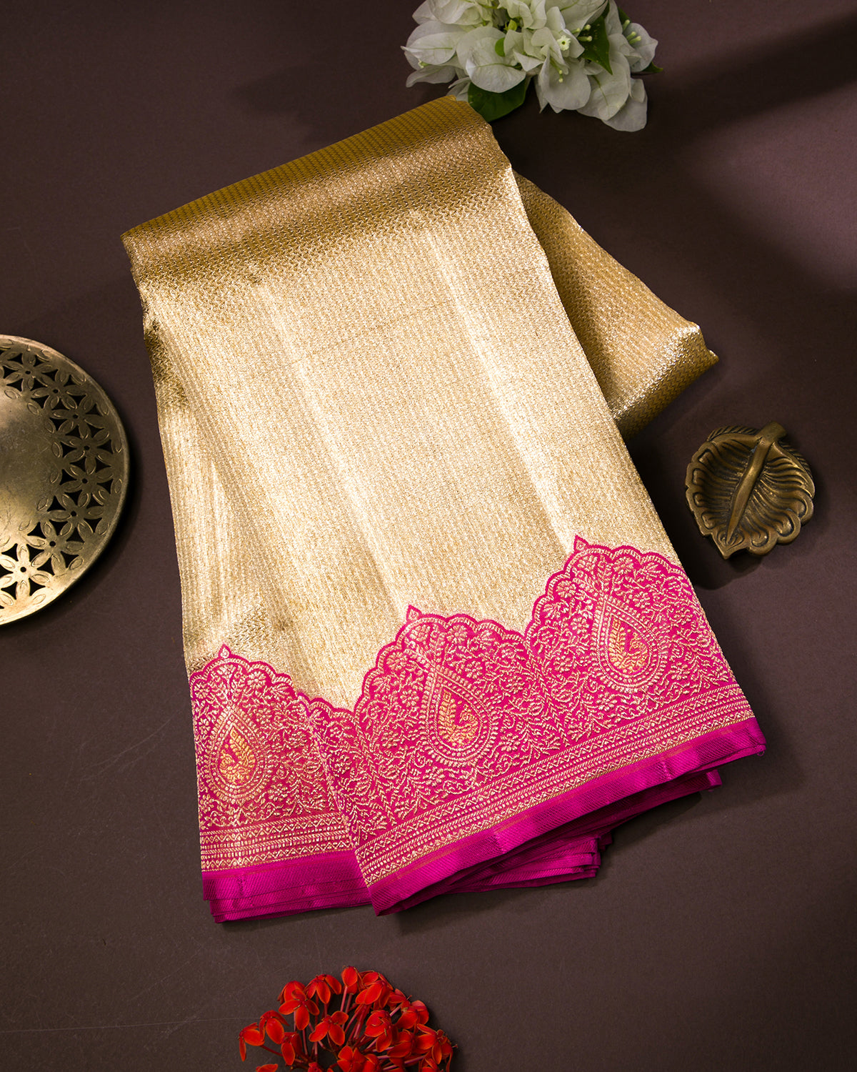 Gold Silver And Rani Pink Organza Shimmer Kanjivaram Silk Saree - S1323(A)