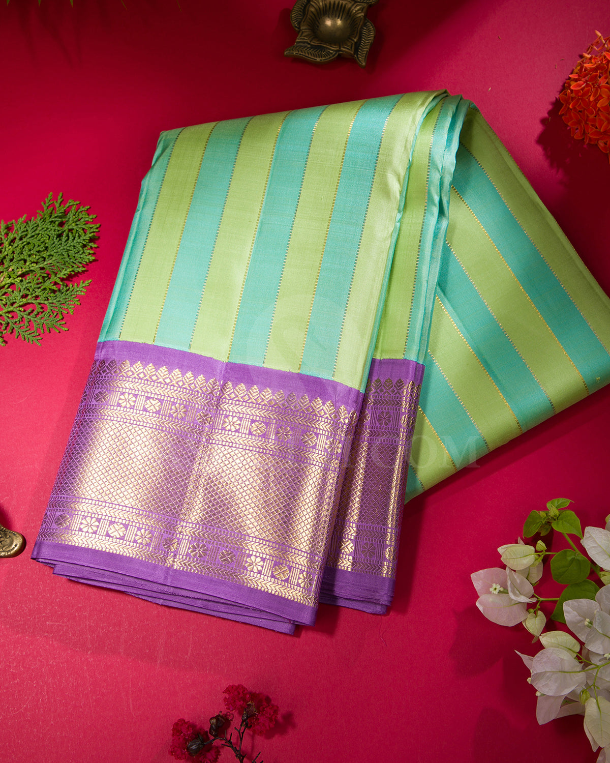 Blue, Green And Dark Lavender Traditional Kanjivaram Silk Saree - SVJ45