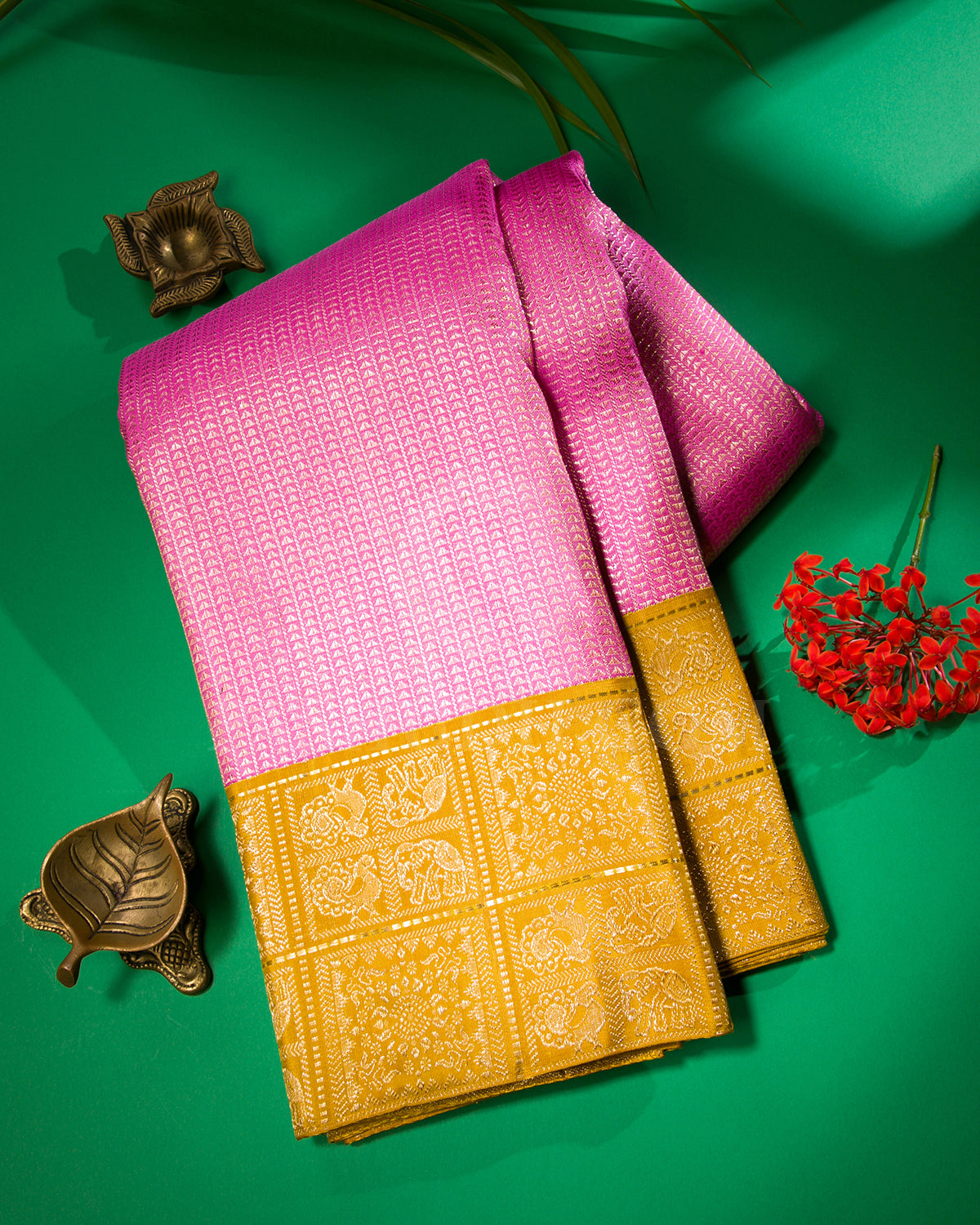 Rose Pink And Tuscany Yellow Kanjivaram Silk Saree - S1305(A)