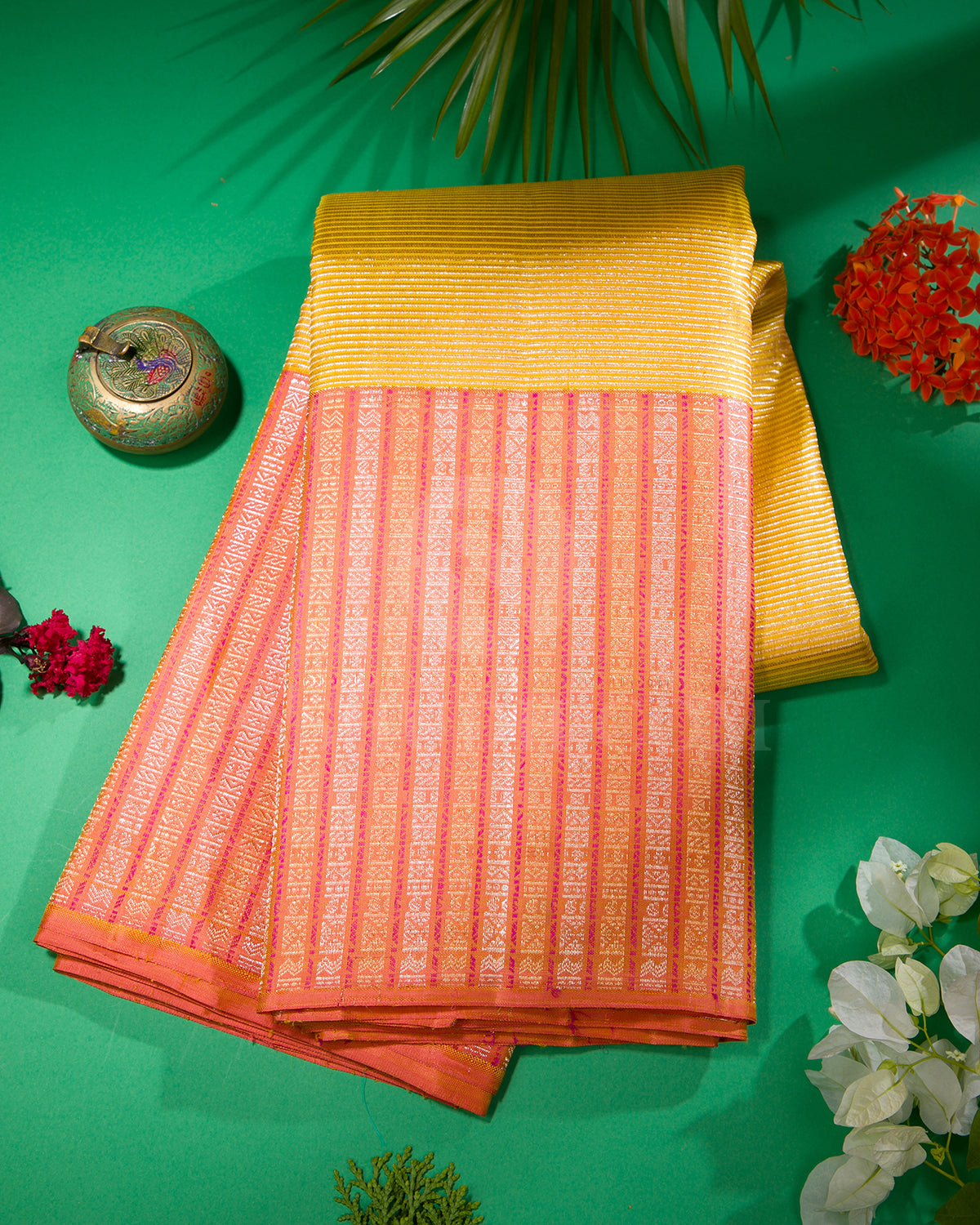 Yellow And Peach Kanjivaram Silk Saree - S1039(E)