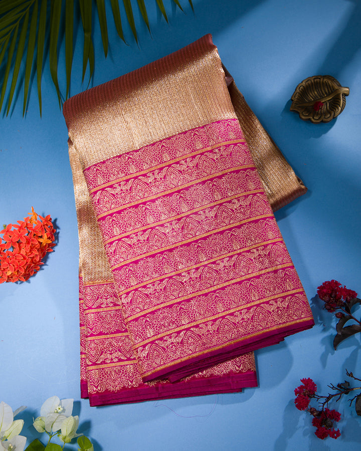 Gold And Rani Pink Organza Shimmer Kanjivaram Silk Saree - S1332(A)