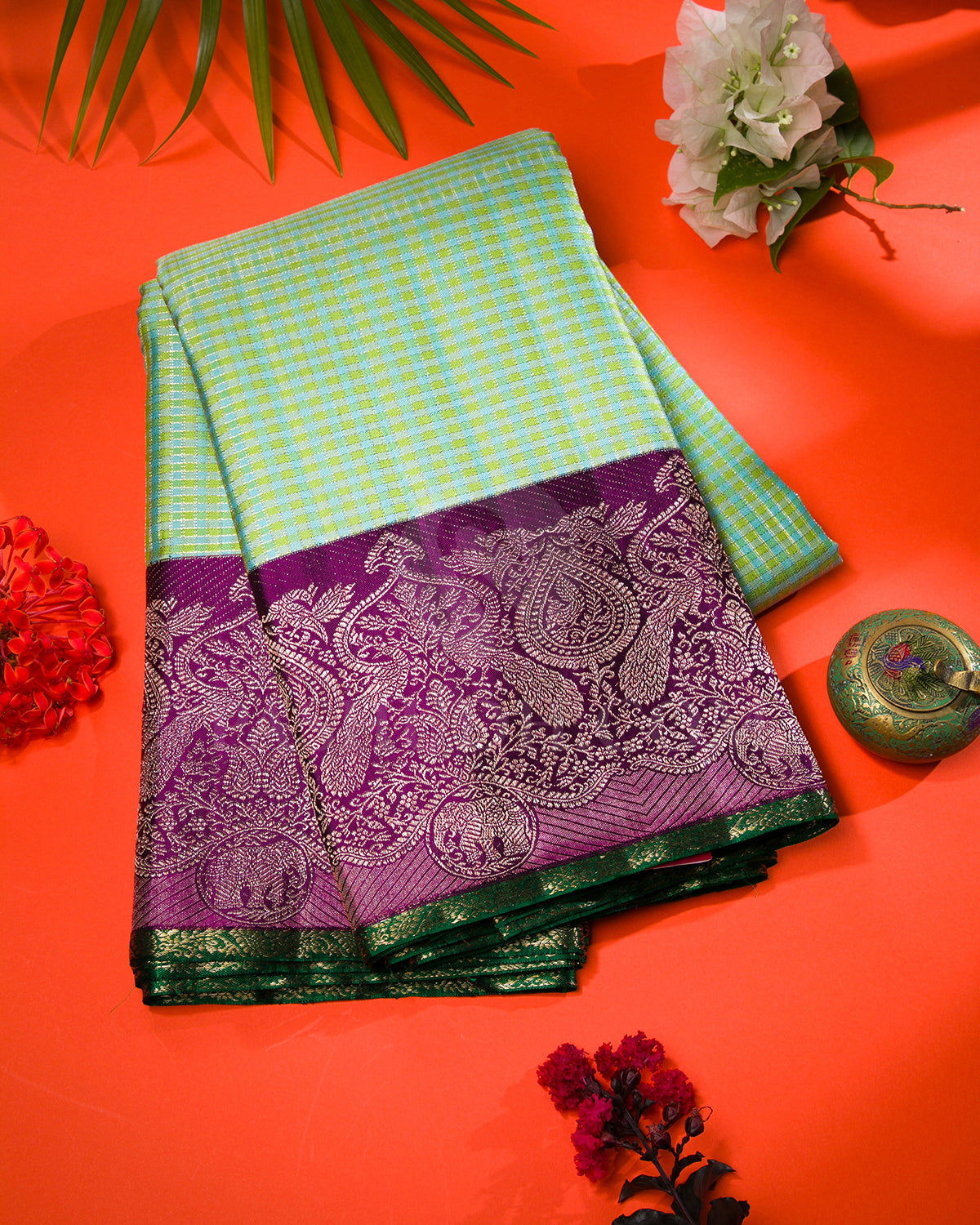 Blue, Green And Violet Checkered Kanjivaram Silk Saree - S1103(D)