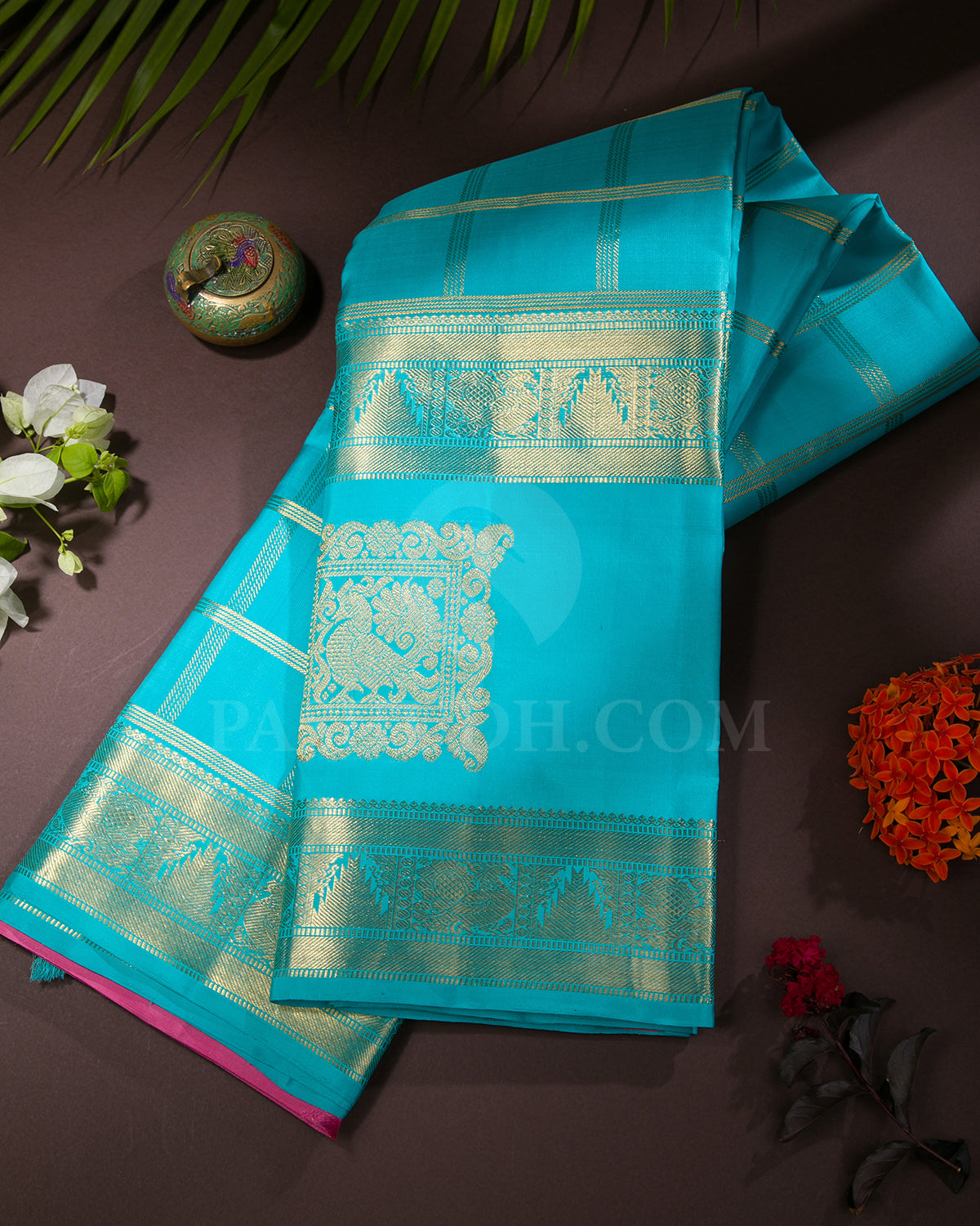 Turquoise Blue And Pink Traditional Kanjivaram Silk Saree - SVJ54