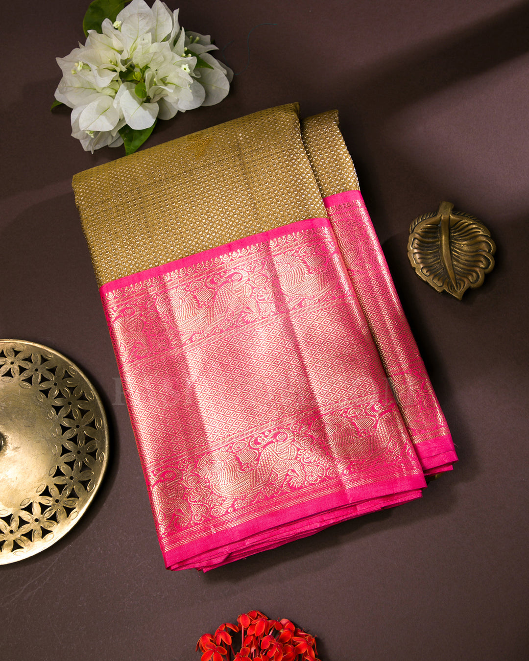 Golden Beige And Punch Pink Kanjivaram Silk Saree - S1315(A)