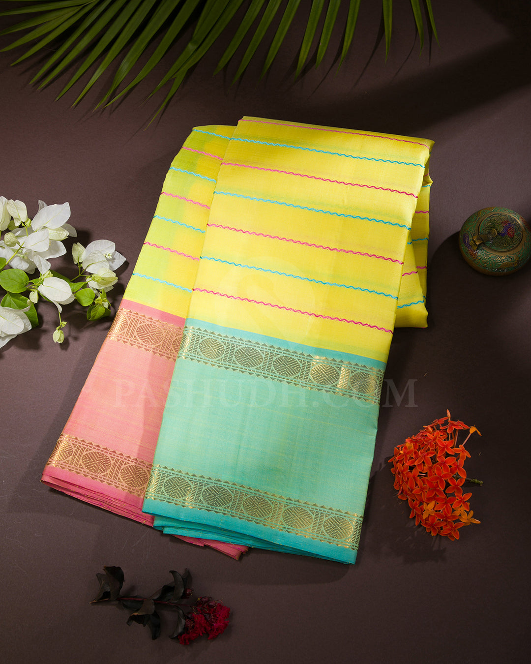 Lemon Yellow, Pink And Sky Blue Traditional Kanjivaram Silk Saree - SVJ50