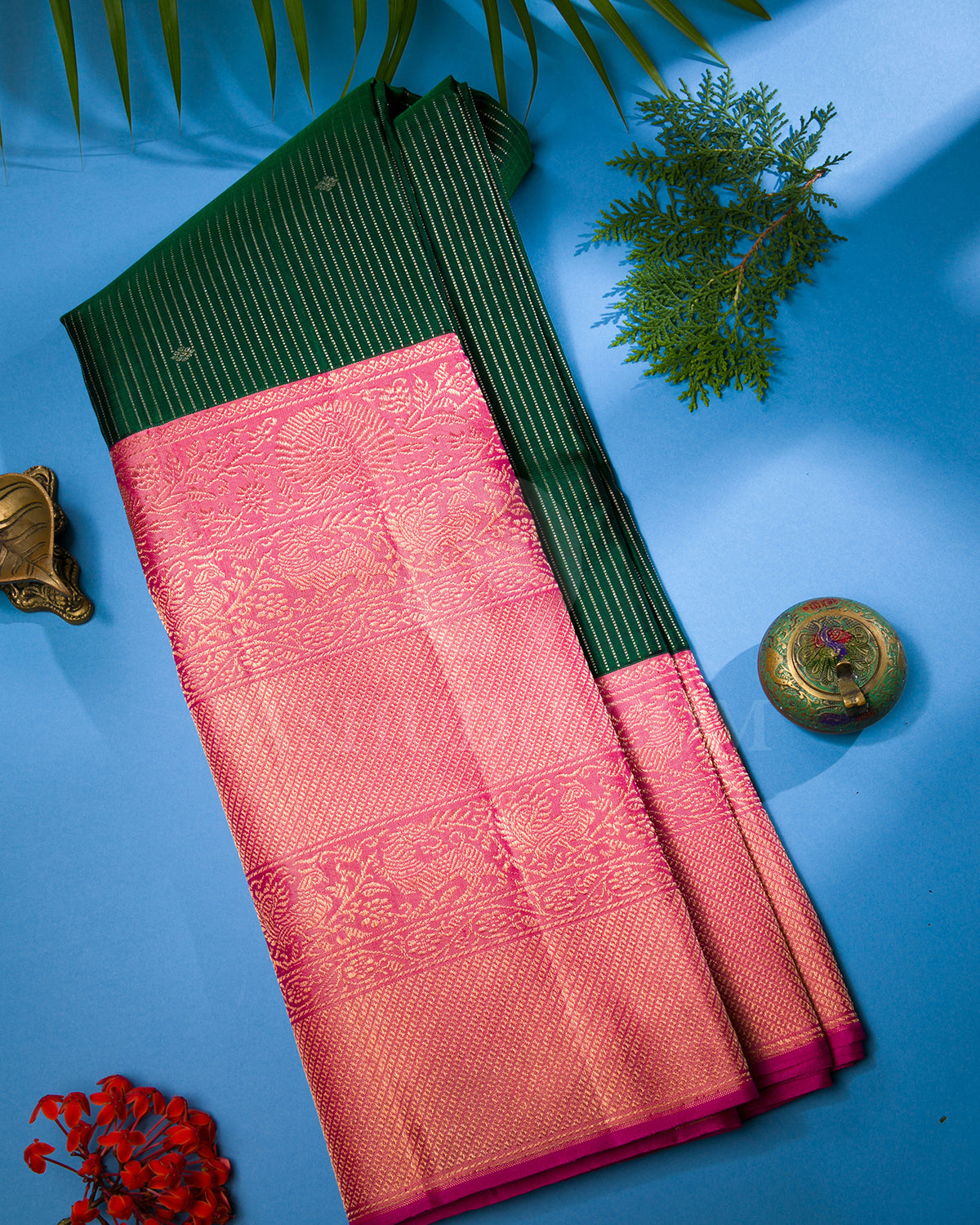 Dark Green And Pink Kanjivaram Silk Saree - S1106(B)