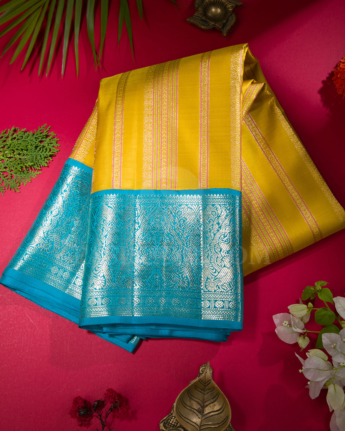 Mustard Yellow And Anandha Blue Kanjivaram Silk Saree - S1227(C)