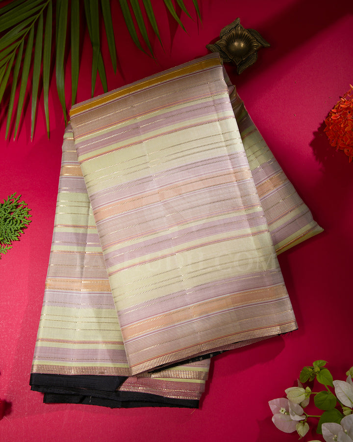 Light Green, Lavender, Pastel Orange And Black Kanjivaram Silk Saree - S1199(C)