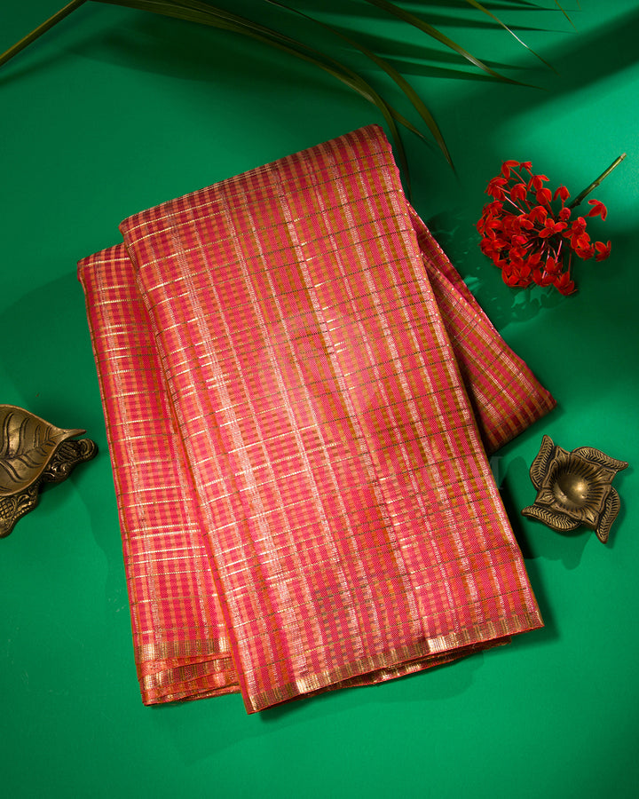 Peach Pink And Gold Beige Kanjivaram Silk Saree  - S1304(A)