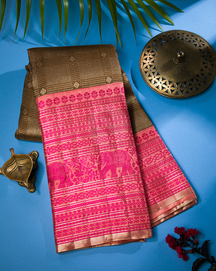 Dark Beige And Peach Kanjivaram Silk Saree - S1322(A)