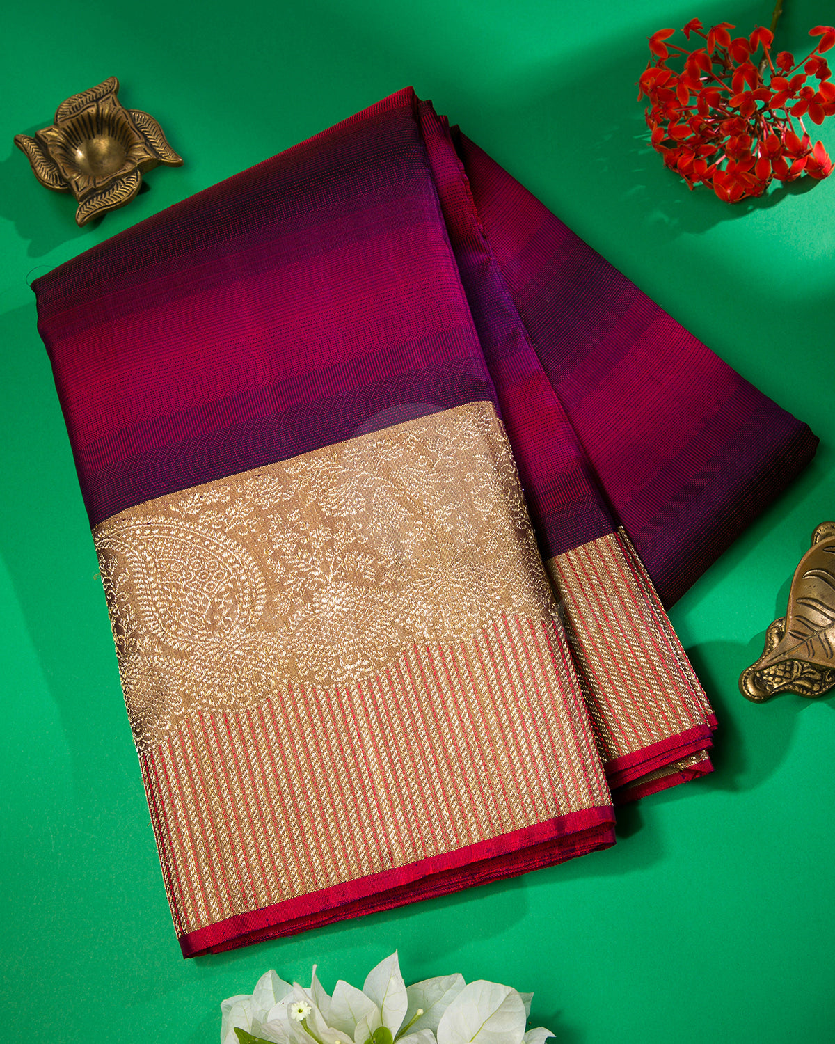 Red Blue Ombre And Khaki Kanjivaram Silk Saree - S1309(A)