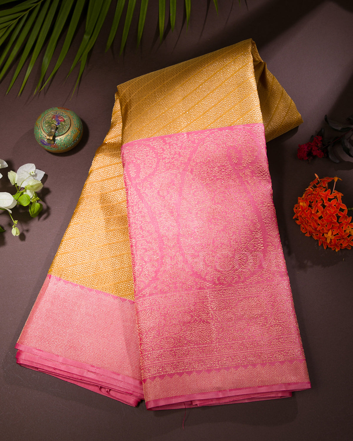 Mustard Yellow And Baby Pink Kanjivaram Silk Saree - S1261(B)