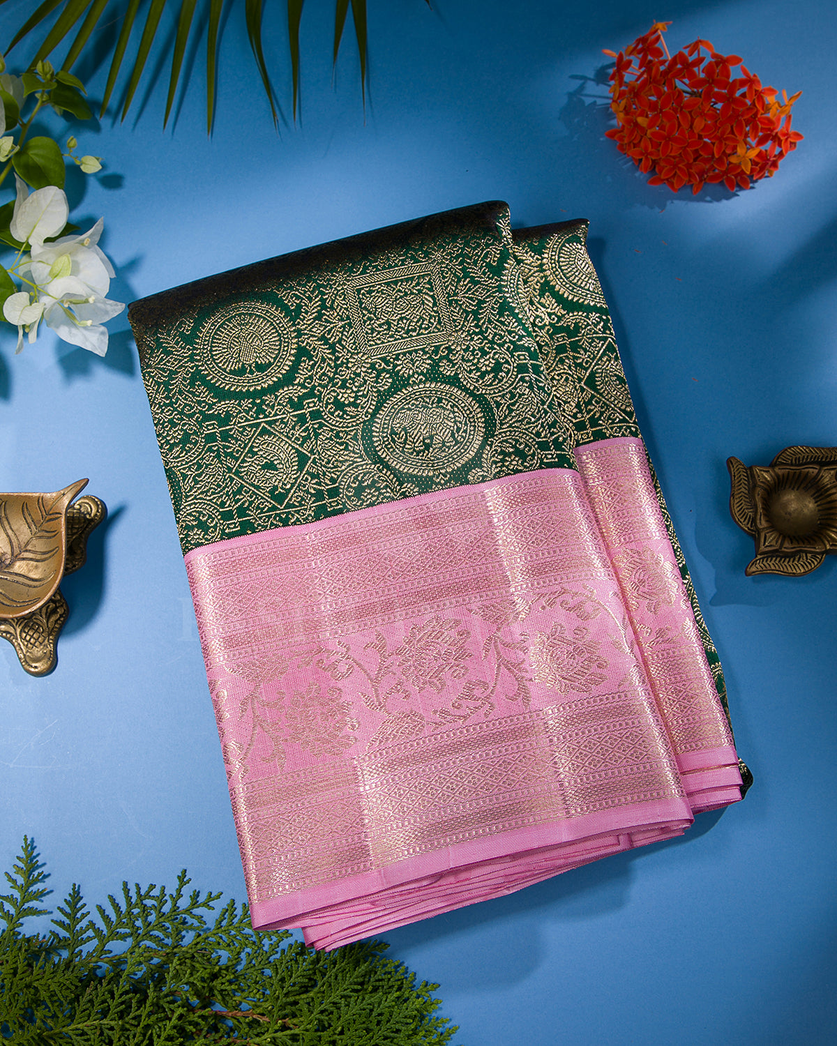 Bottle Green And Baby Pink Kanjivaram Silk Saree - S1303(B)