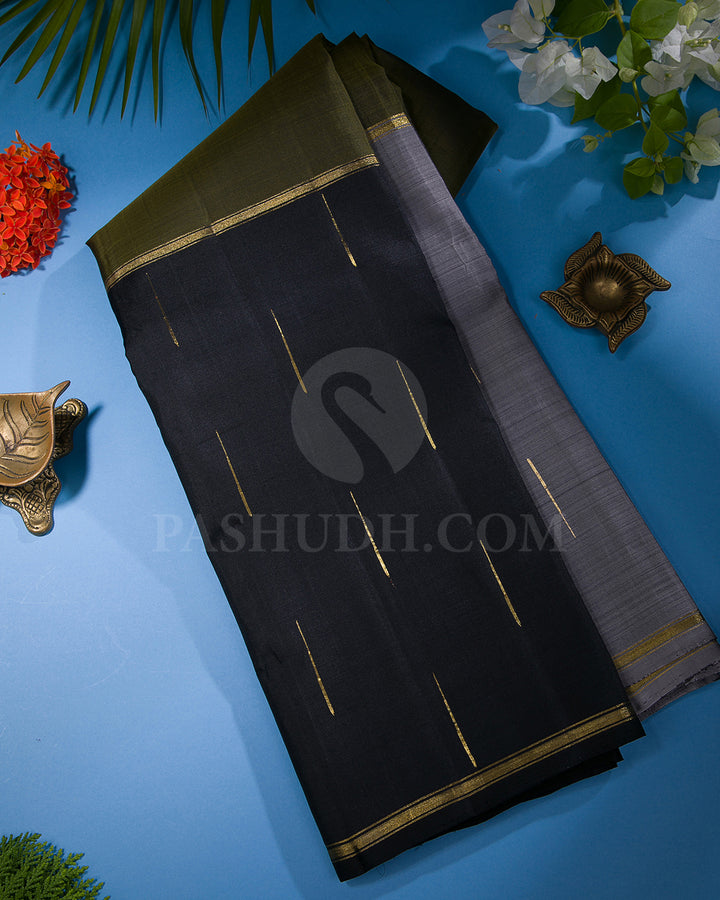 Olive Green, Grey And Black Traditional Kanjivaram Silk Saree - SVJ42