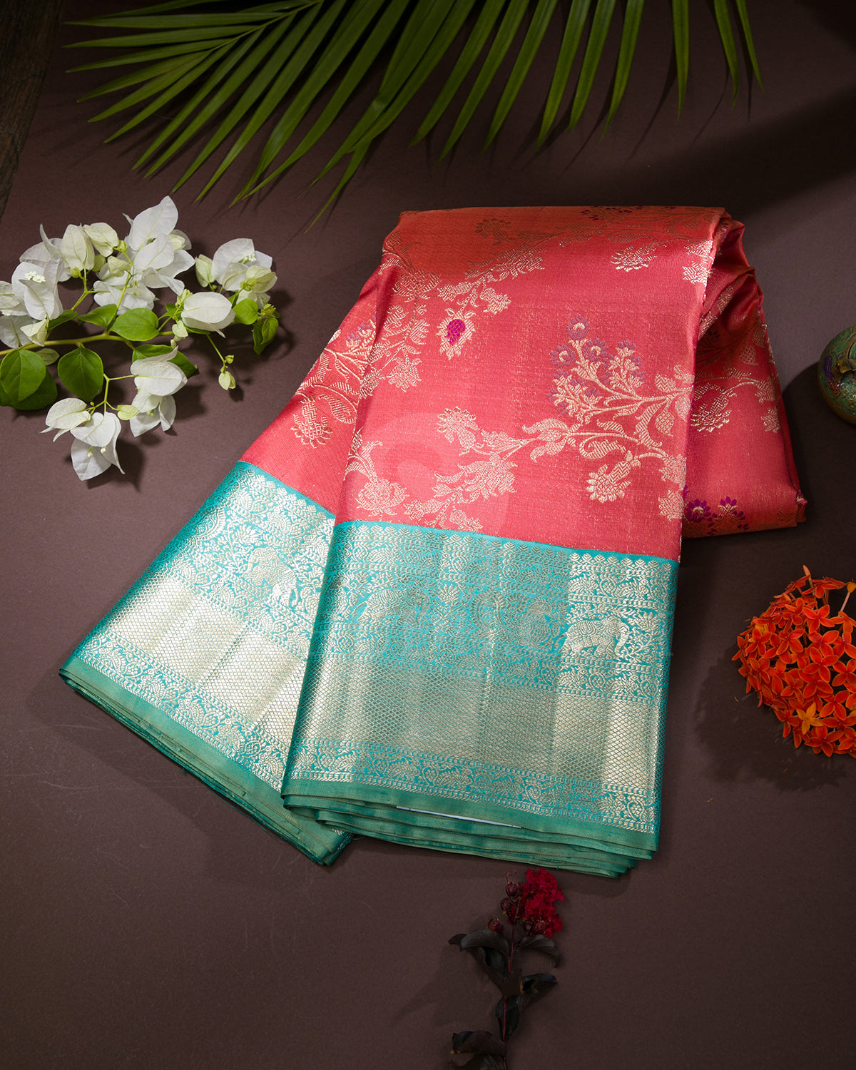 Rust Orange And Sky Blue Kanjivaram Silk Saree - S1219(B)