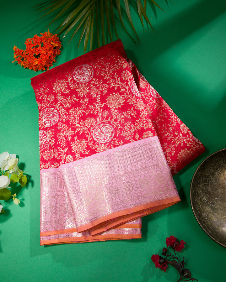 Red And Baby Pink Kanjivaram Silk Saree - S1329(A)