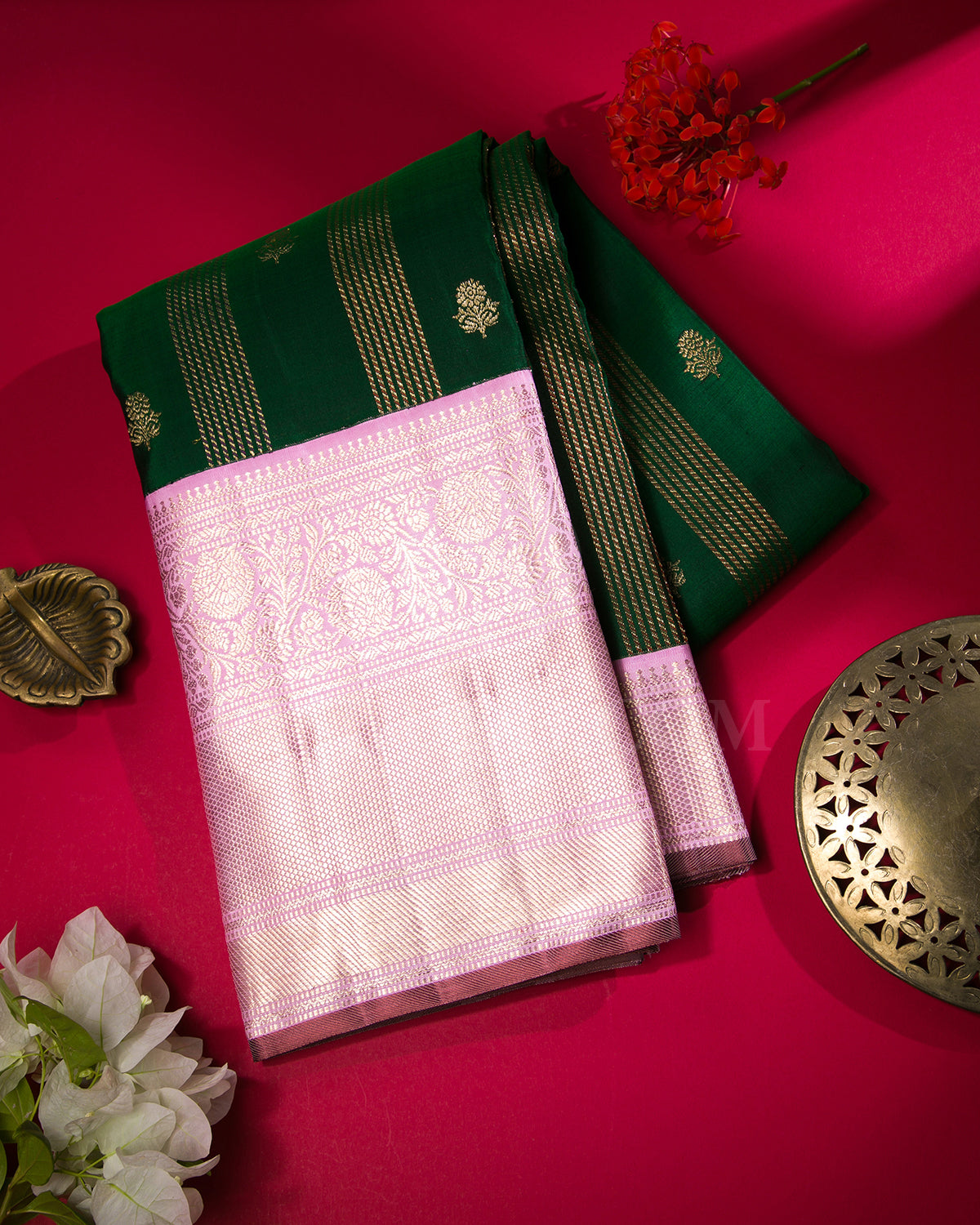 Bottle Green And Baby Pink Kanjivaram Silk Saree - S1270(B)