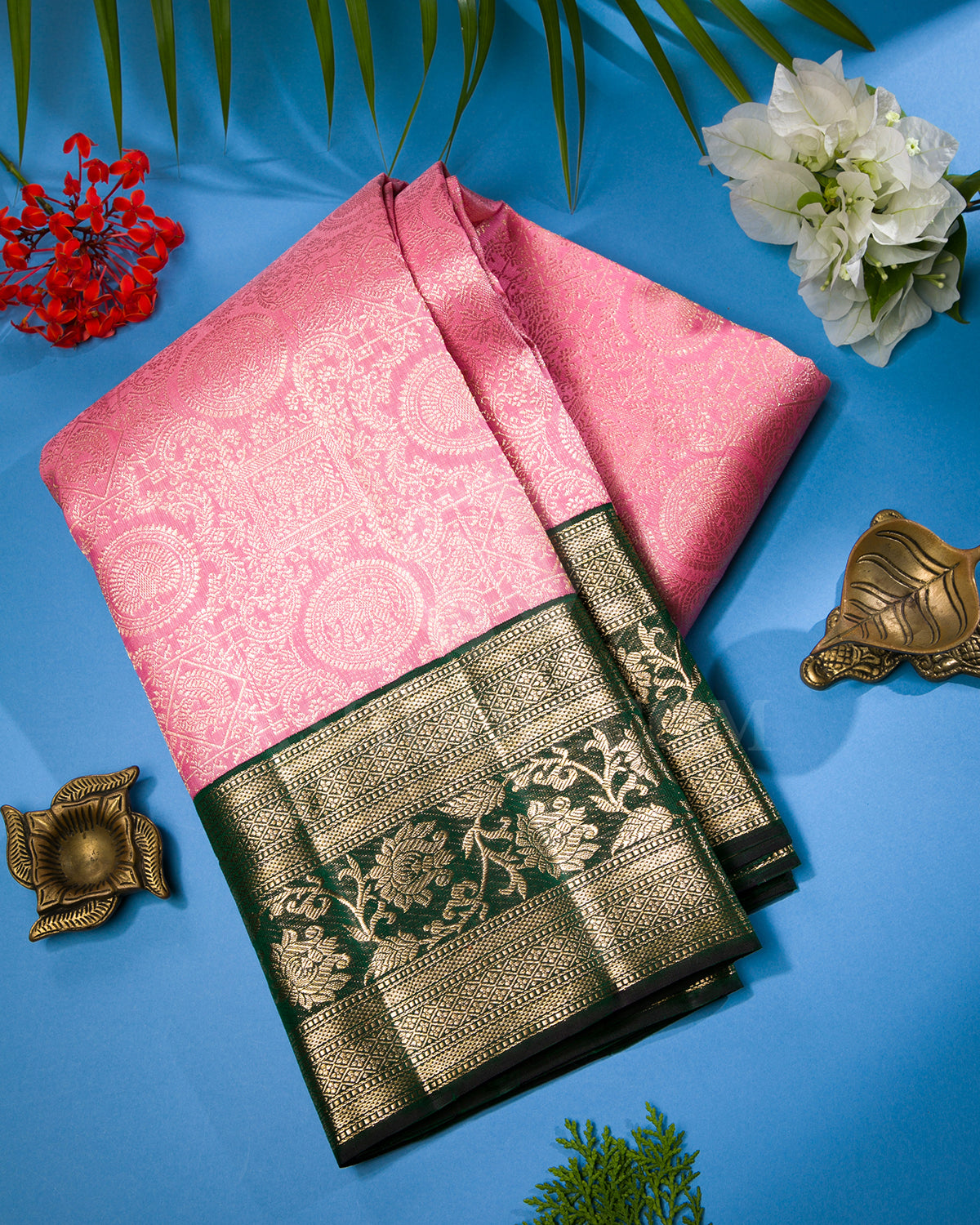 Peachy Pink And Dark Green Kanjivaram Silk Saree - S1303(A)