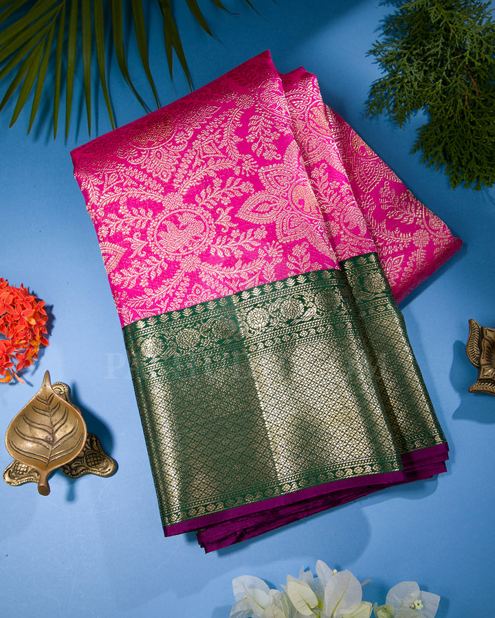 Candy Pink And Forest Green Kanjivaram Silk Saree - S1337(A)