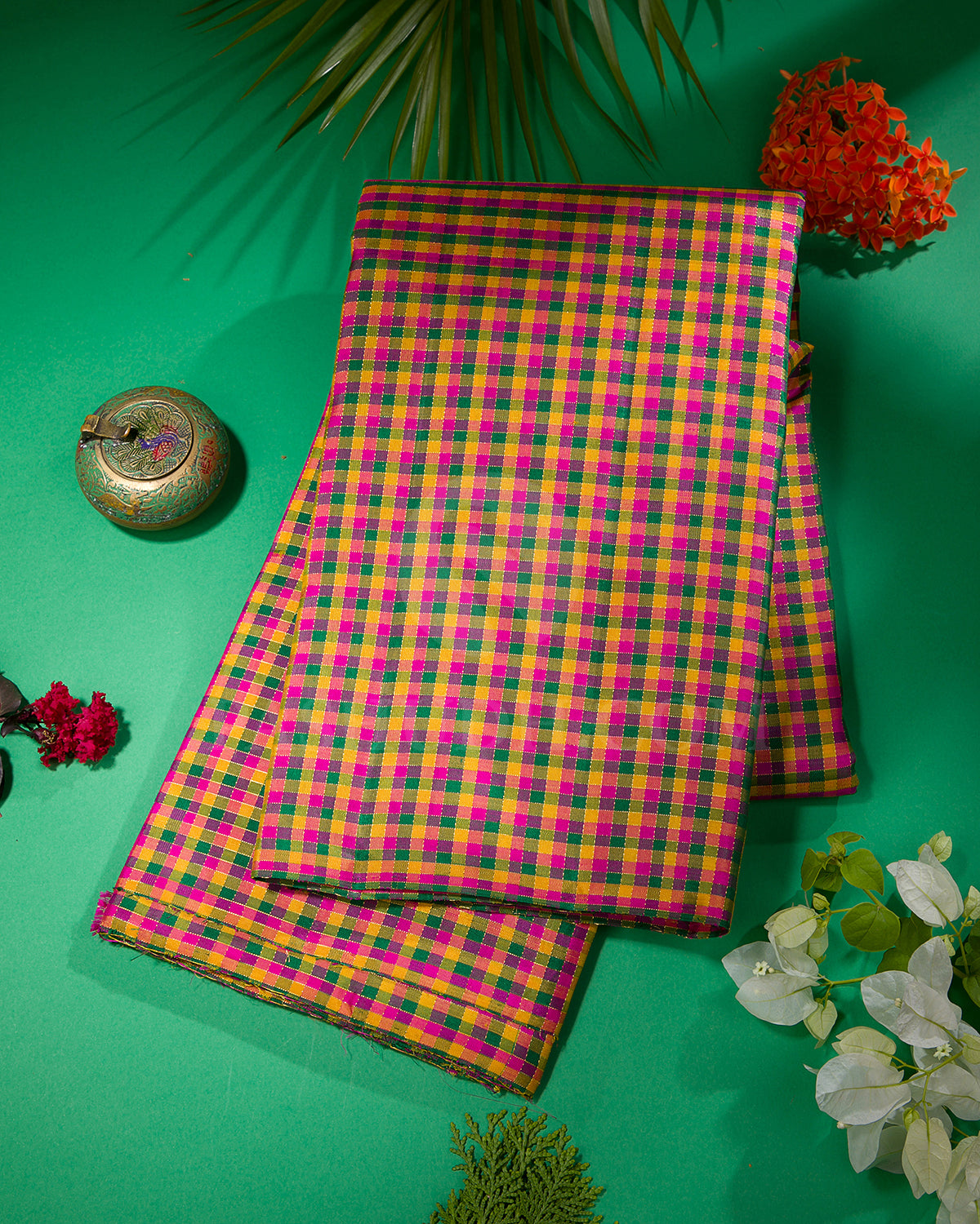 Yellow, Pink, Green and Rani Pink Checkered Traditional Kanjivaram Silk Saree - SVJ40