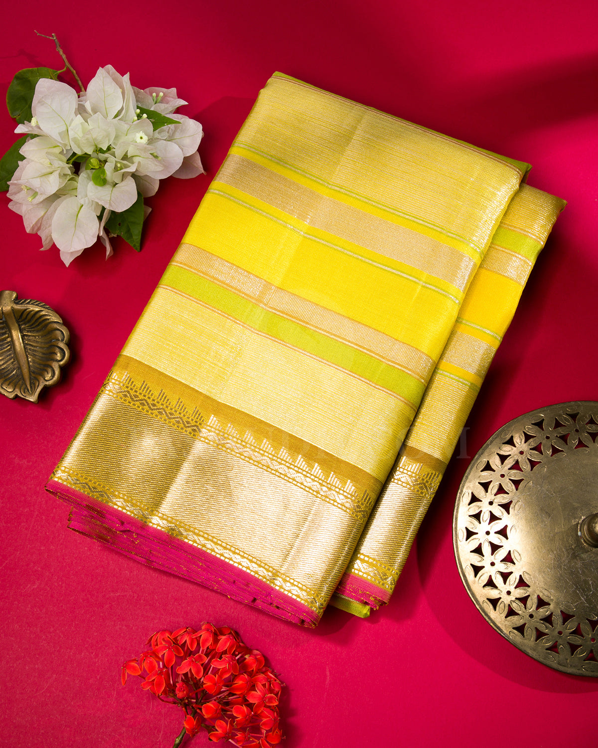 Lemon Yellow, Pear Green And Mustard Kanjivaram Silk Saree - S1324(A)