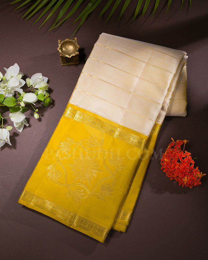 Ivory and Mustard Traditional Kanjivaram Silk Saree - SVJ53