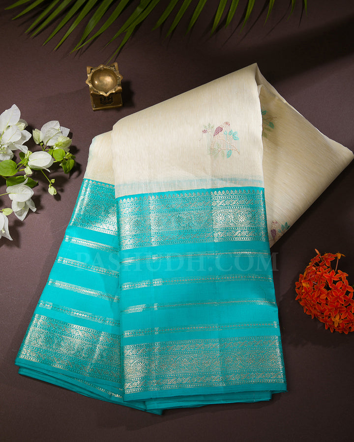 Off-Whilte and Sky Blue Traditional Kanjivaram Silk Saree - SVJ52