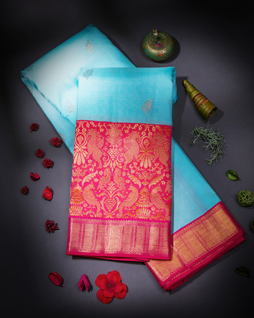 Sky Blue & Orange Shot Pink Kanjivaram Silk Saree - S872 - View 1