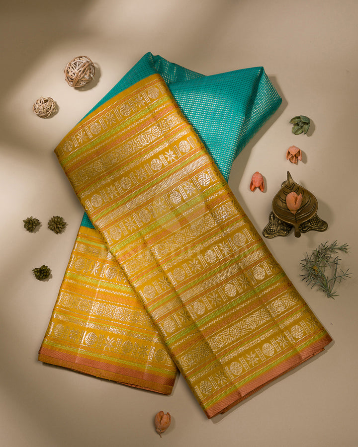Turquoise Blue & Mango Yellow Kanjivaram Silk Saree - S1080(D)